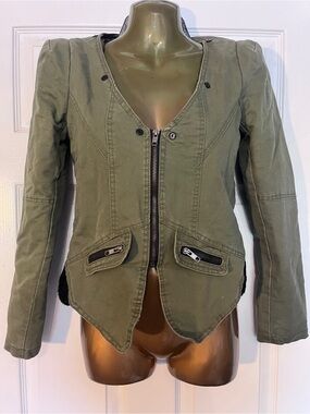 VIRUS Olive Army Green Moto Utility Jacket Asymmetric Hem Zip Front [S]